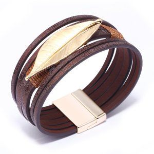 Brown Leather Bracelet with Gold Feather